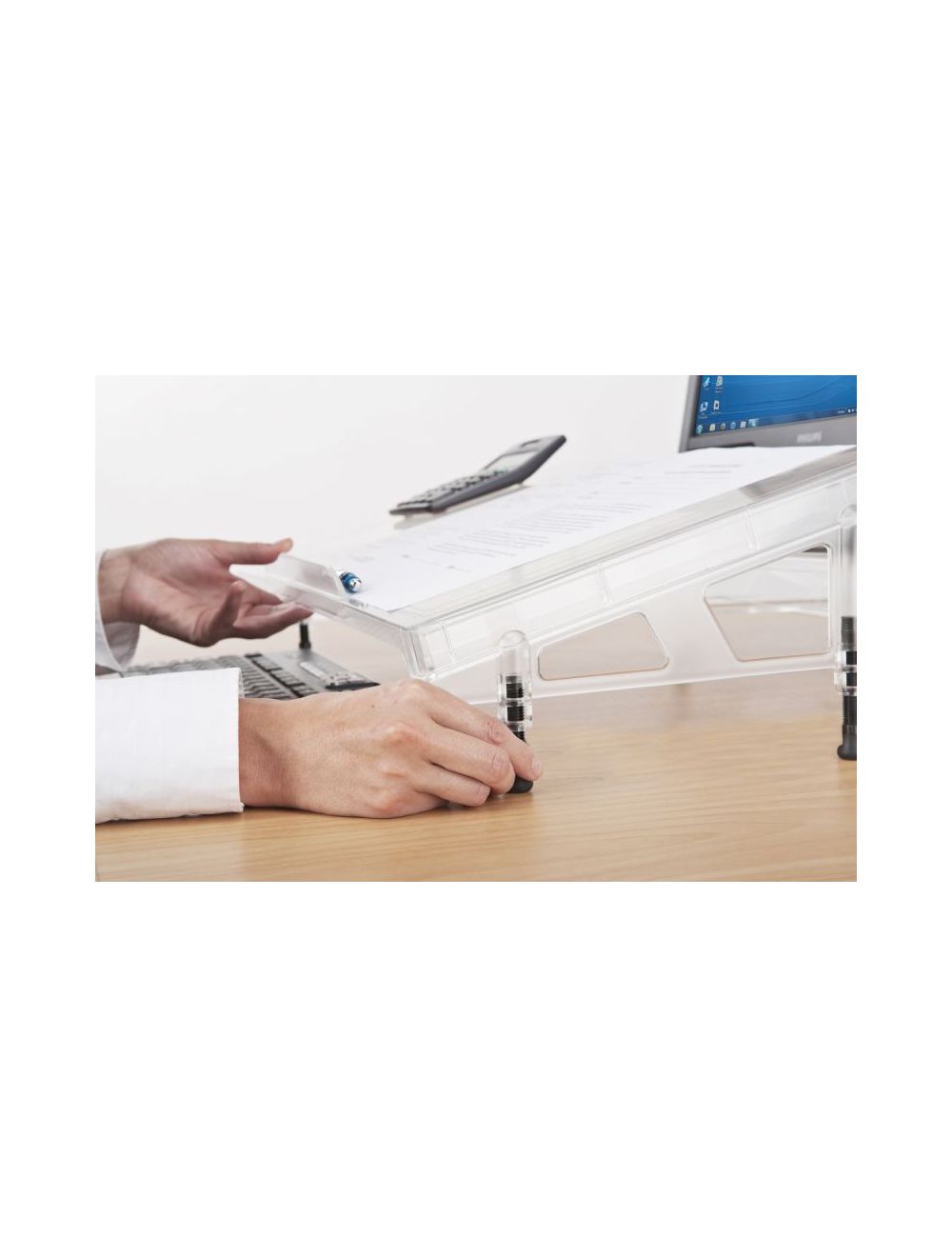 Regular Microdesk side view. Product is adjustable up to 45mm at the rear and 30mm at the front